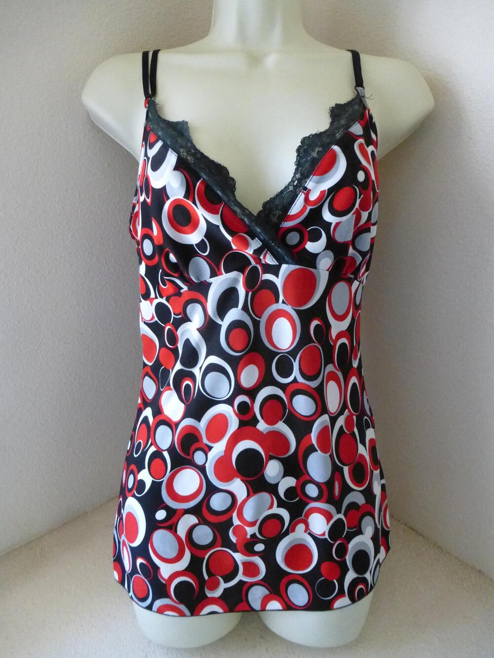 Red Pepper Camisole Tank Top Medium Large Circle Print Y2K Babydoll Lace Trim